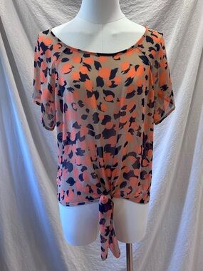 Forever 21 Y2K Vintage Semi Sheer Abstract Coral Taupe Black Tie Front Top Small